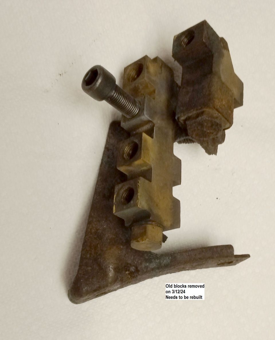 This is the old splitter block and proportioning valve.  Erik was unable to get the piston centered for the "brake system" light on the dash, so removed them both and replaced them with rebuilt ones I gave him.