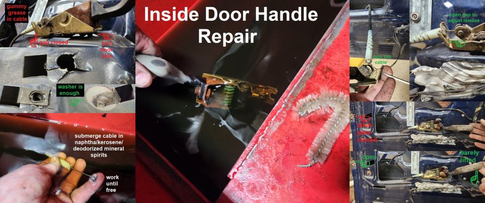 Collage of images showing inside door handle repair steps, with text labels