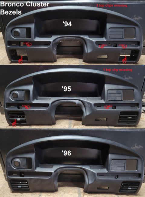 1983 Ford Bronco - '94-96 (airbag) Bronco (defrost slot) Cluster Bezels IF THE IMAGE IS TOO SMALL, click it. All are brittle with minor damage from use & age…