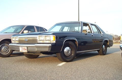 1991 Ford LTD Crown Victoria - A dark blue sedan is parked next to another car under a bright sky.