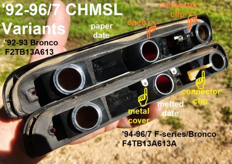 1983 Ford Bronco - CHMSL Changes IF THE IMAGE IS TOO SMALL, click it. The '92-93 Bronco (only) CHMSL has an open-top cargo reflector, and an integral molded c…