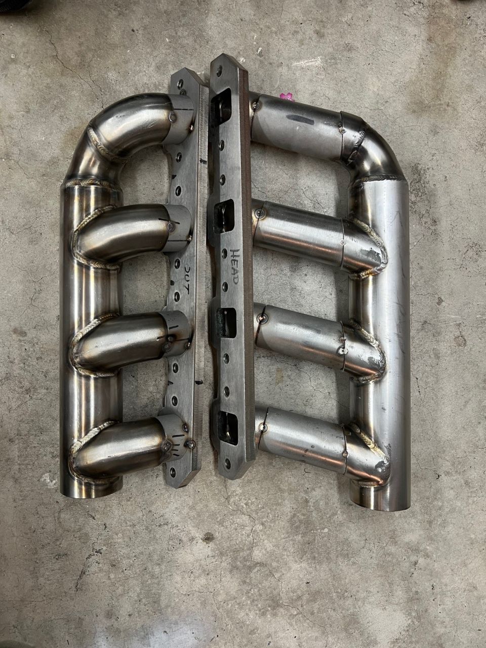 Reworked headers tacked up and ready to weld.