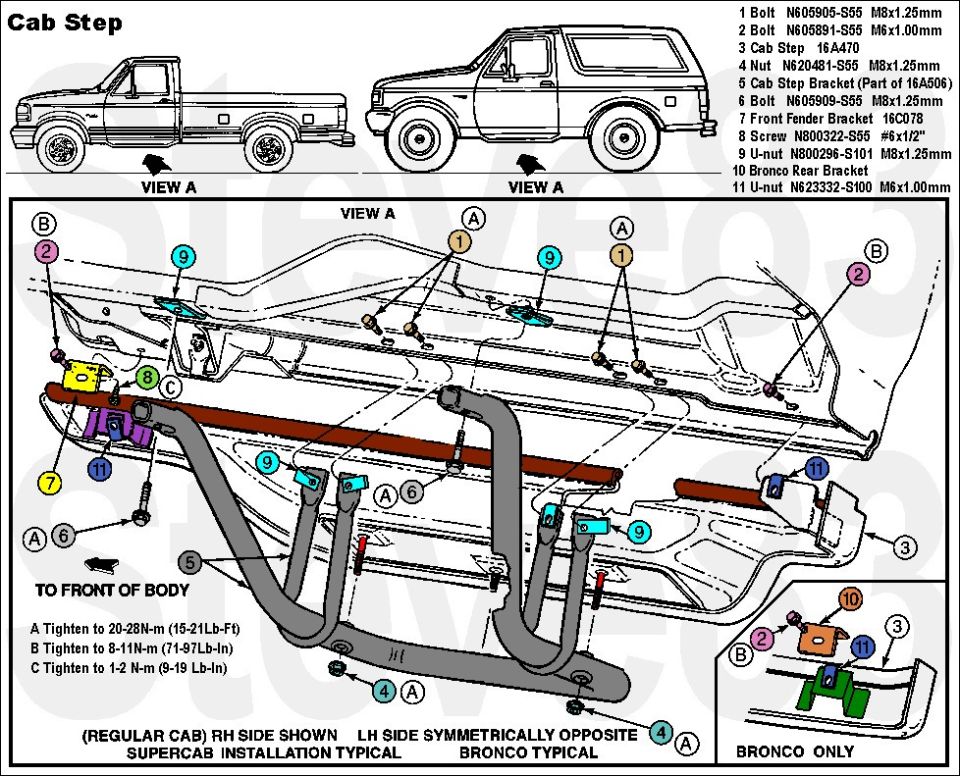 Cab step running board installation diagram for Ford pickup and Bronco