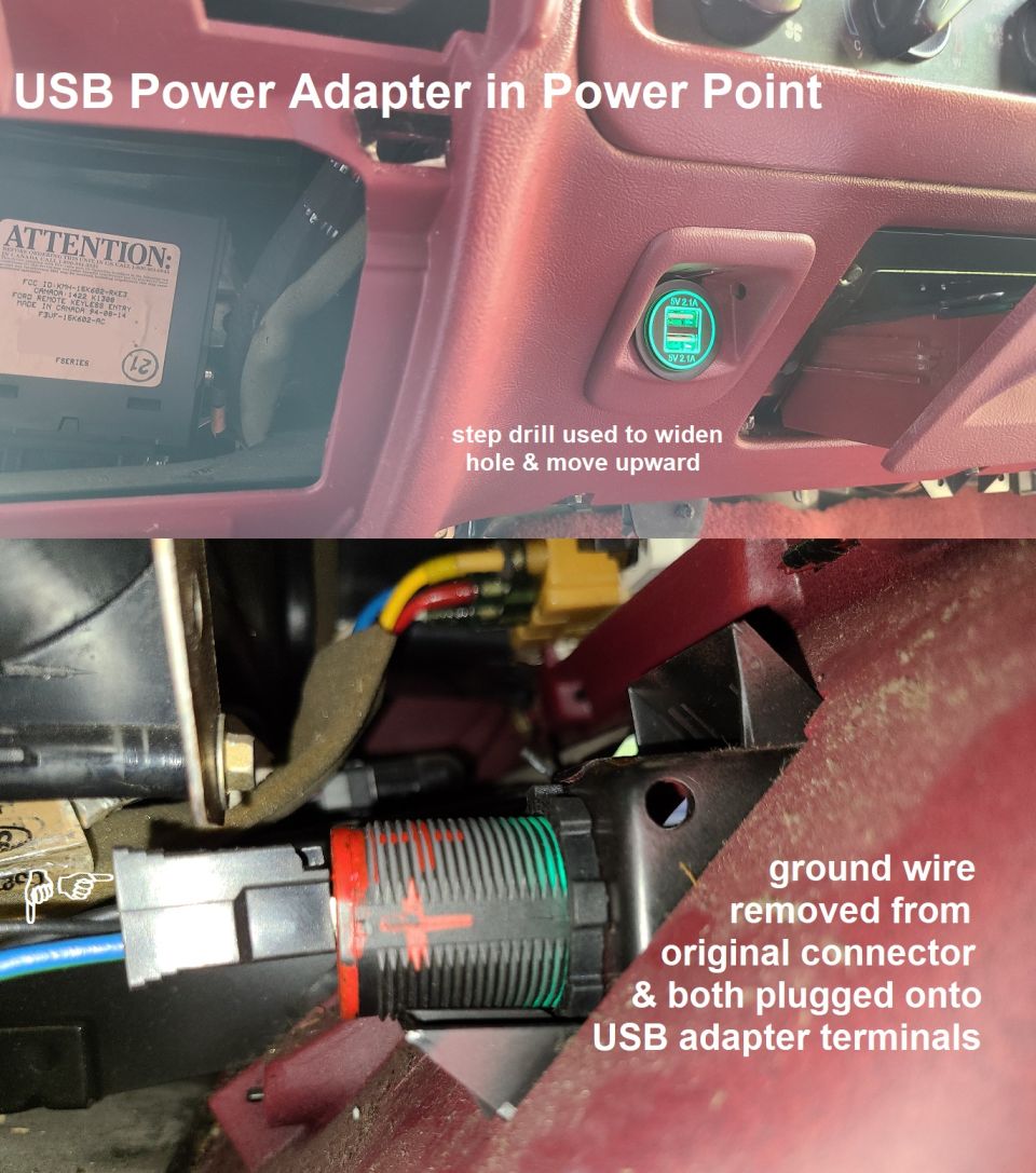 Car interior showing USB power adapter installation in a power point, with wiring details