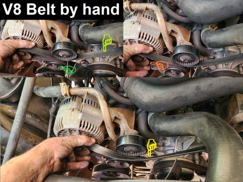 1983 Ford Bronco - Smallblock V8 Serpentine Belts can usually be changed without tools. IF THE IMAGE IS TOO SMALL, click it. Push the long span of belt (light…