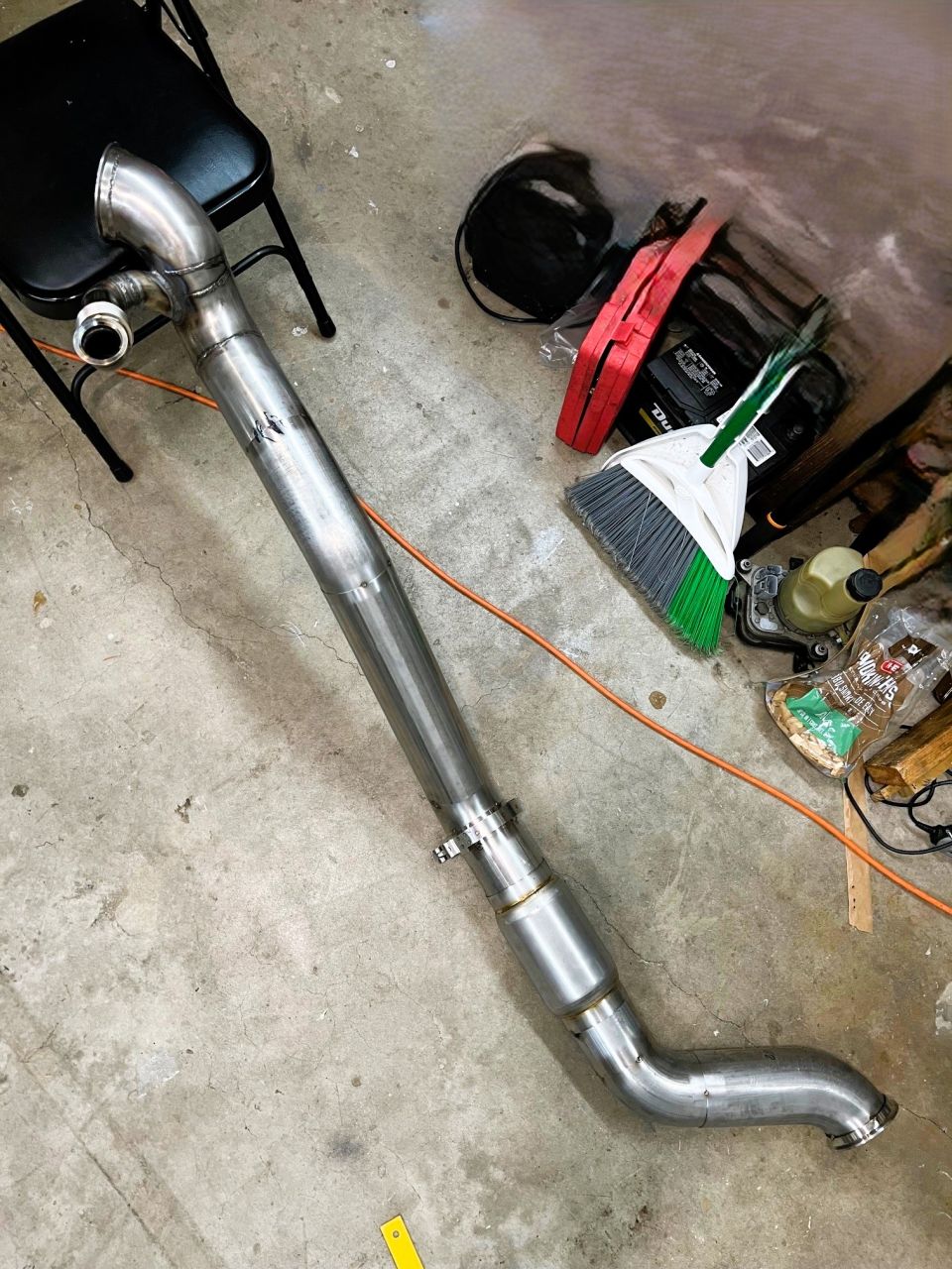 Down pipe layout. I can get the front section in from above and the back section is easy to install from below. I still need to add an oxygen sensor bung somewhere and I need to add a hanger off the back of the header so the whole exhaust isn't hanging on the turbo flange.
