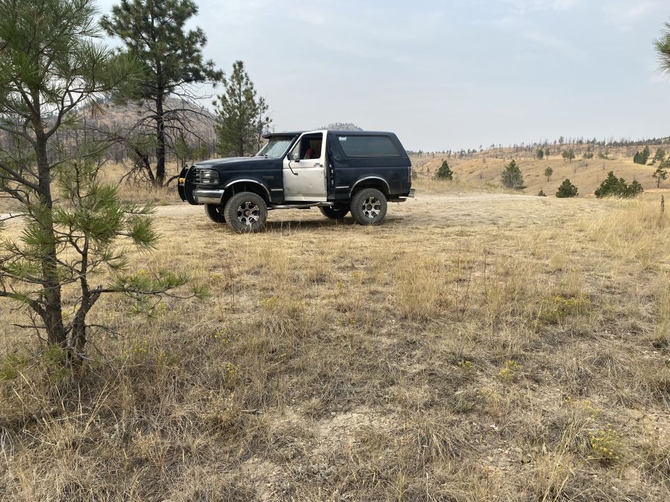 1995 Ford Bronco parked in a dry, grassy field with rolling hills.