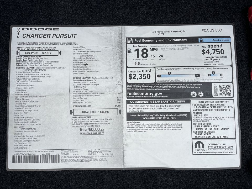 Dodge Charger Pursuit Monroney window sticker listing equipment, price and fuel economy