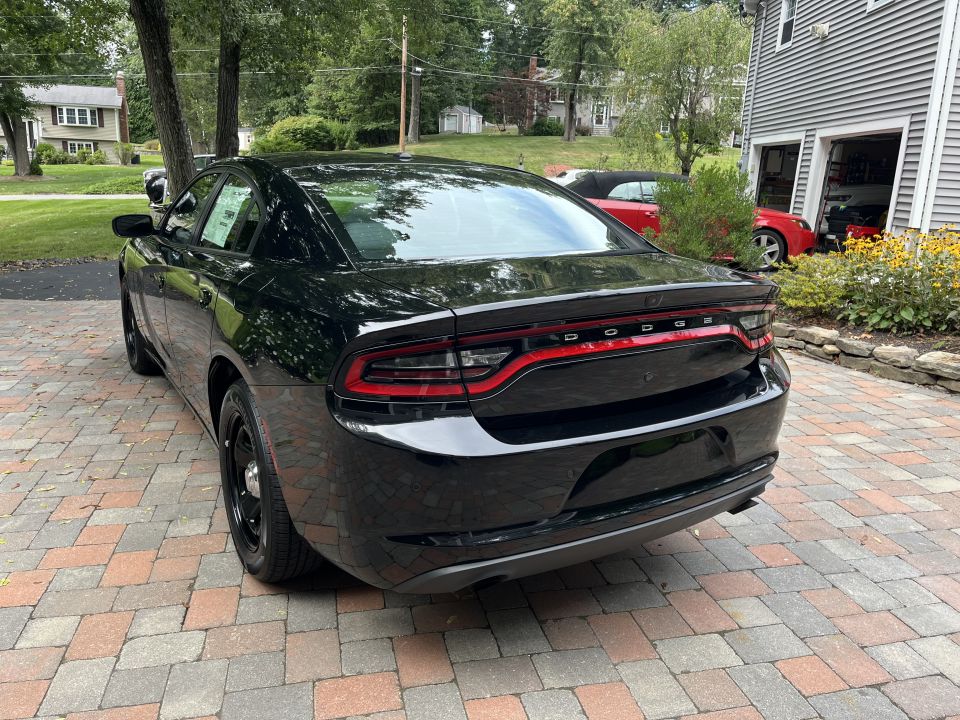 Rear view of a black Dodge Charger sedan
