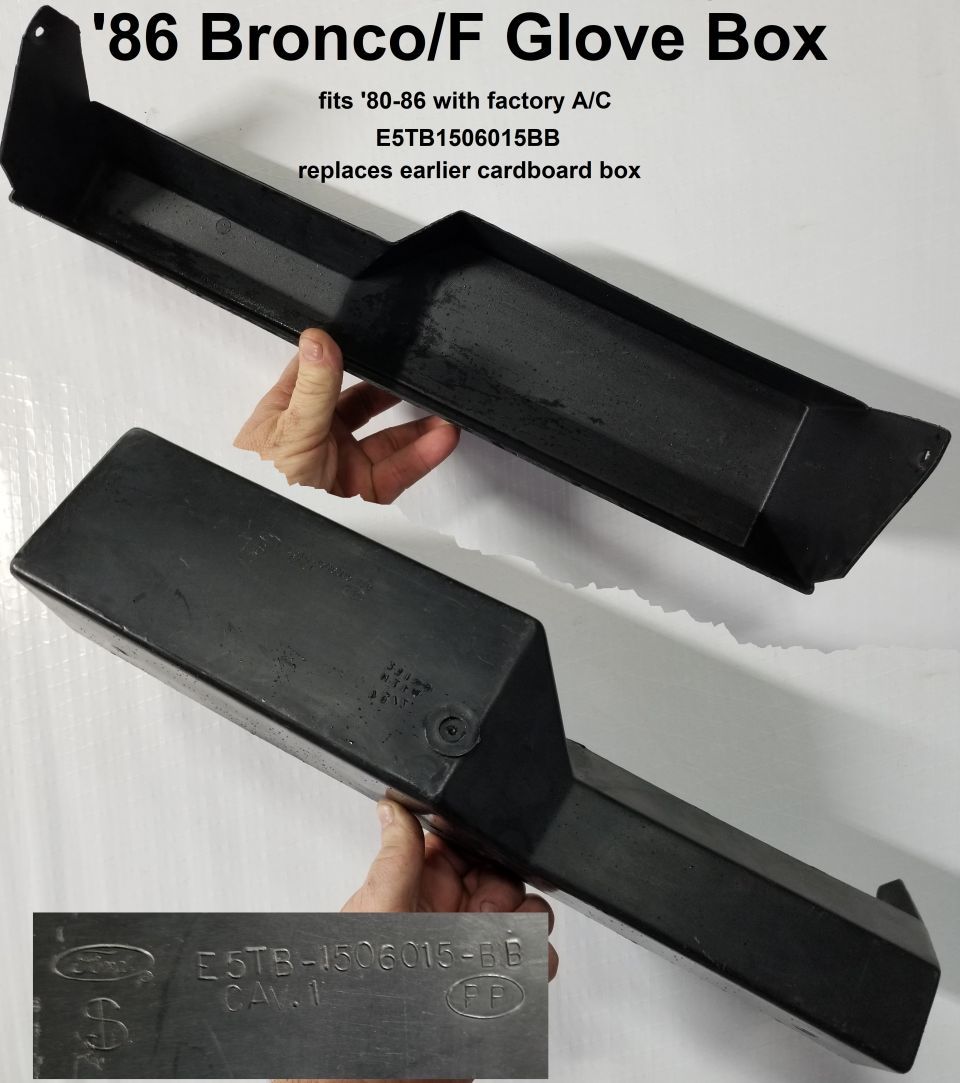 '86 Glove Box fits '80-86
IF THE IMAGE IS TOO SMALL, click it. [url=https://www.ebay.com/sch/i.html?_ssn=untod]Also available via eBay.[/url]

Improved plastic design instead of the older stapled cardboard box, with notch specific to '86.
