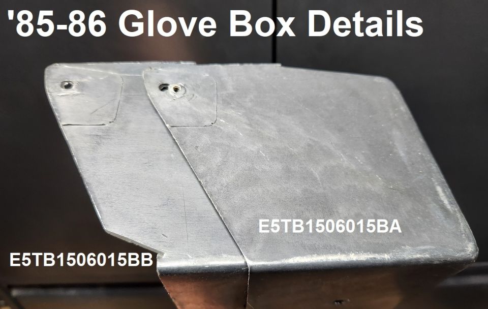'85-86 Glove Box details
IF THE IMAGE IS TOO SMALL, click it.

Both years got an improved plastic design instead of the older stapled cardboard box, but it was revised again for '86 with a notch near the hinge.