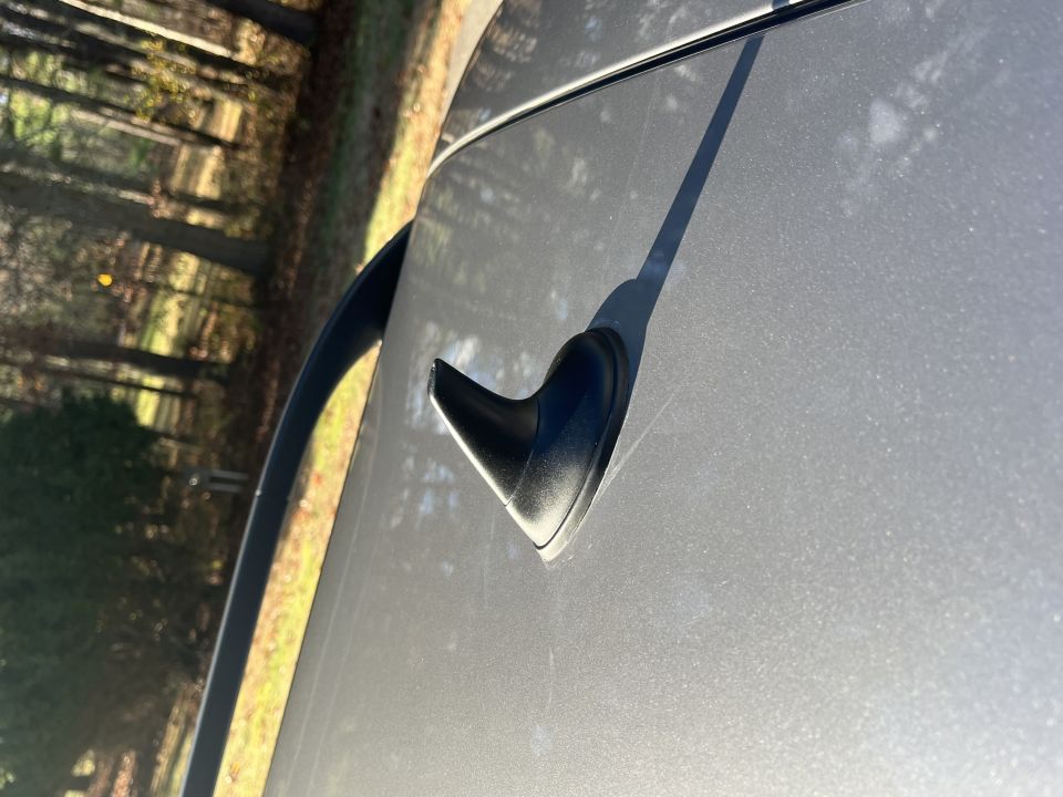 Close-up of a black shark fin antenna on a gray car roof, with trees visible in the background