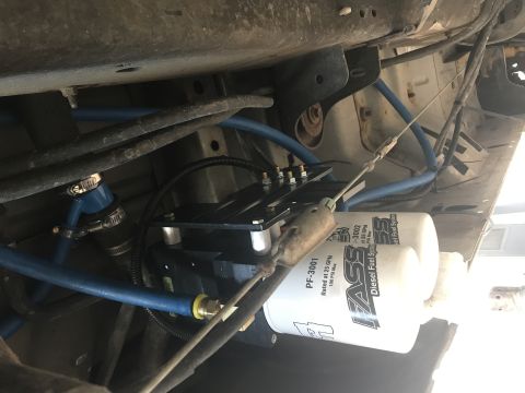 2008 Ford F-250 - Close-up view of a diesel fuel filter and associated plumbing, likely part of a fuel system upgrade or maintenance.