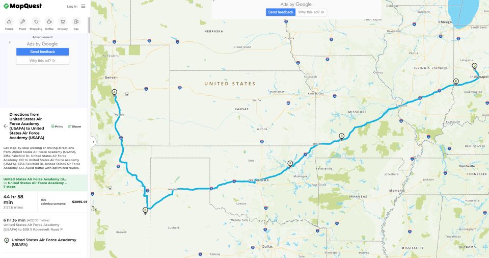 MapQuest driving route from Colorado to Indiana