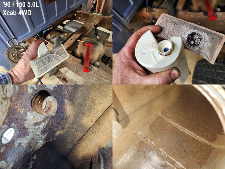 '96 F150 5.0L Xcab 4WD fuel pump sending unit removal collage with strainer and tank