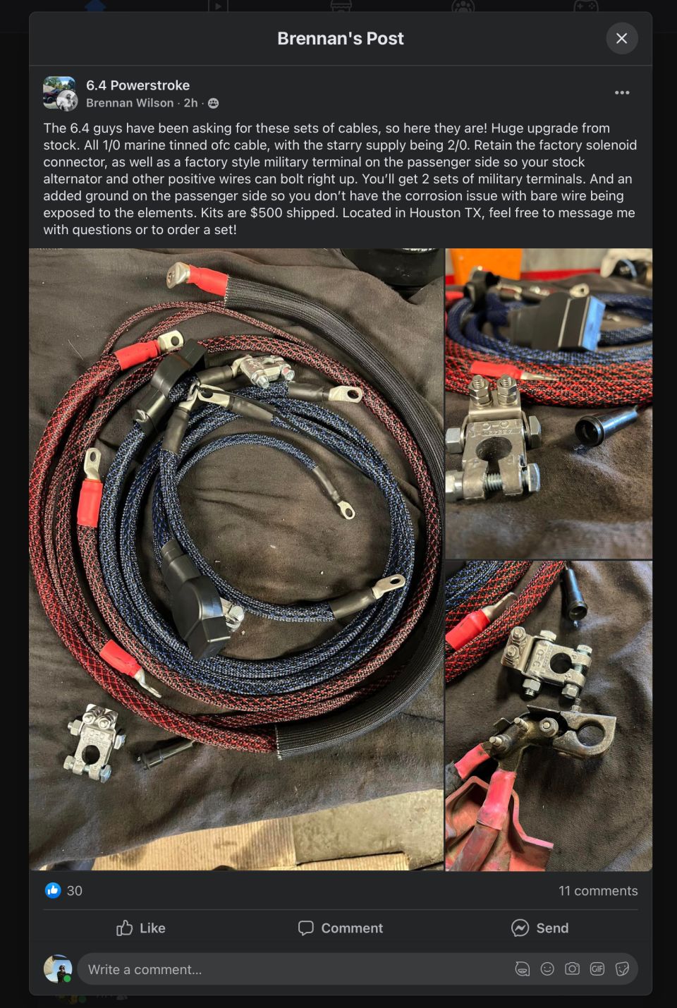 Custom 1/0 marine tinned OFC battery cables with military terminals and braided sleeving.