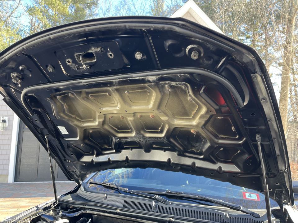 Underside of an open black hood showing the insulation pad
