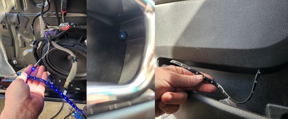 These common blue LEDs ([url=]5mm round 12V[/url] and [url=https://www.amazon.com/dp/B09JBS3D12]30cm flexible 12V[/url]) are soldered into the lock switch illumination on the front doors. There's a shaped hole in the door handle for a factory LED, but these are just loose in those locations. There are also factory strips that snap into the grooves above the door pockets, but the strips are loose in there, too. To remove the door panels, the LEDs simply pull back out - no connectors or adhesives are used.
