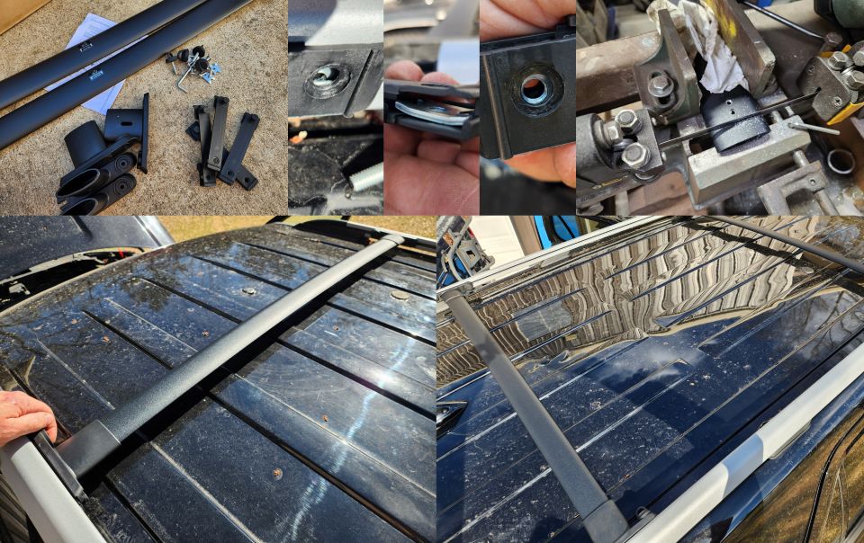 This cheap copy set of crossbars is for '11-15 Explorer roof racks. The poor instructions show the steel nuts inserted wrong, so I had to flip them. And the rear bar was too long, so I had to bandsaw it & re-drill a screw hole. But they look OK.