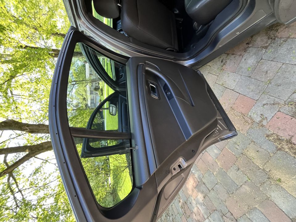 Interior view of an open car door, showing the door panel and part of the seat. Trees and a house are visible through the window