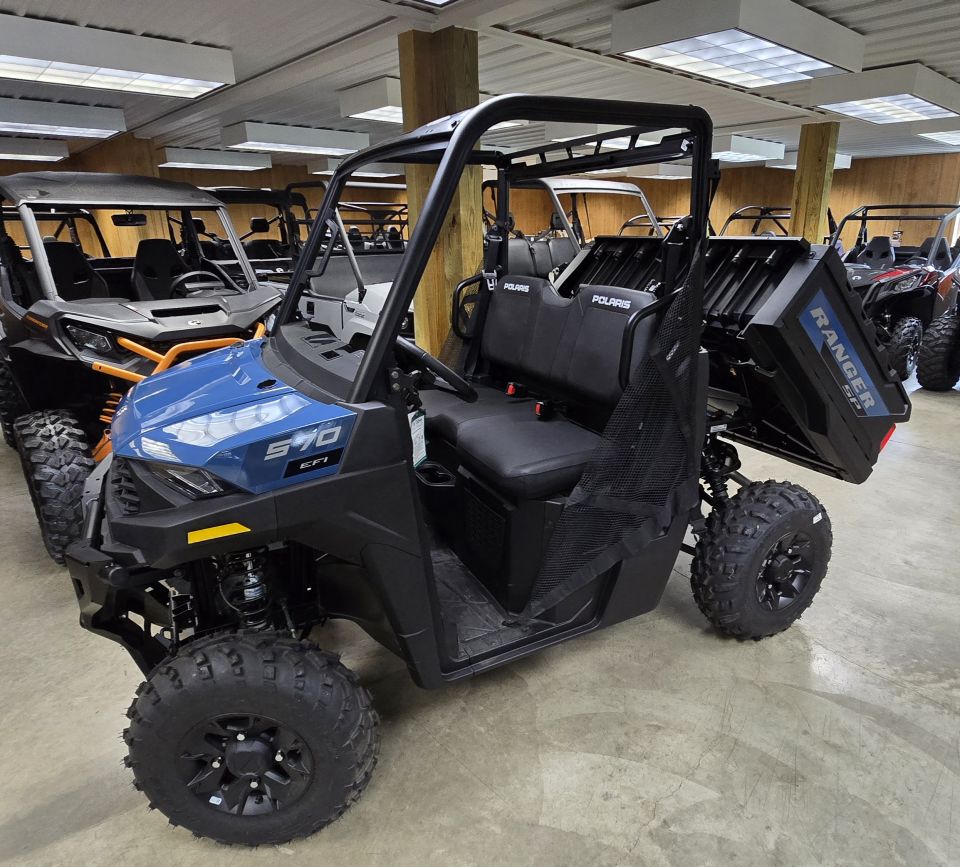 Blue side-by-side utility vehicle with '570 EFI' on fender and 'Ranger' on tailgate