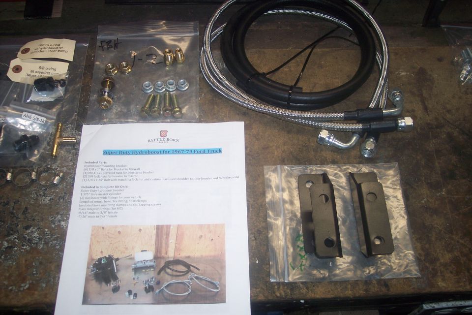 Hydroboost kit for 1967-79 Ford Truck, includes hoses, brackets, and hardware