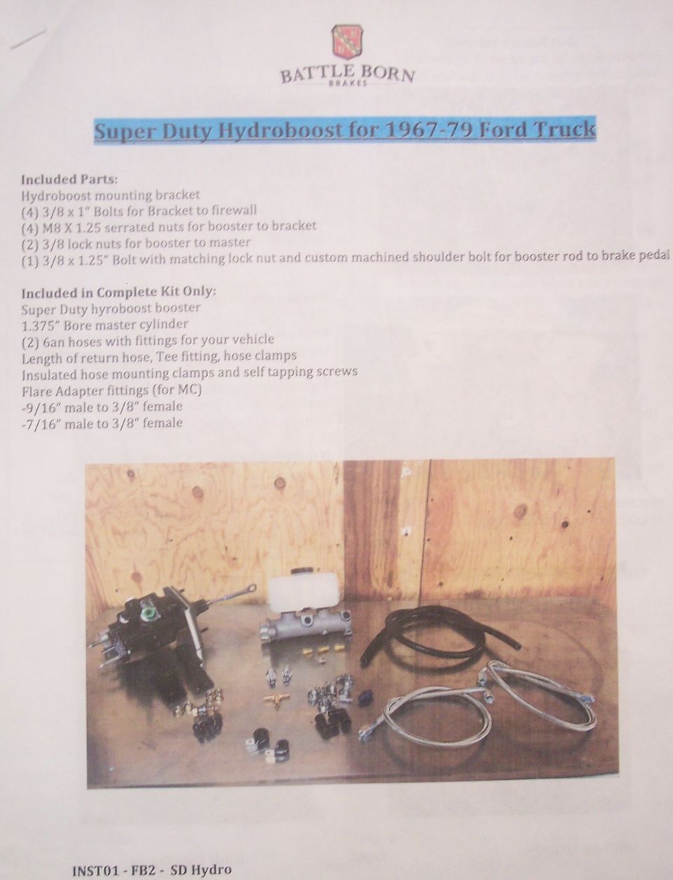 Battle Born Super Duty Hydroboost kit instruction title page with included parts list and kit photo