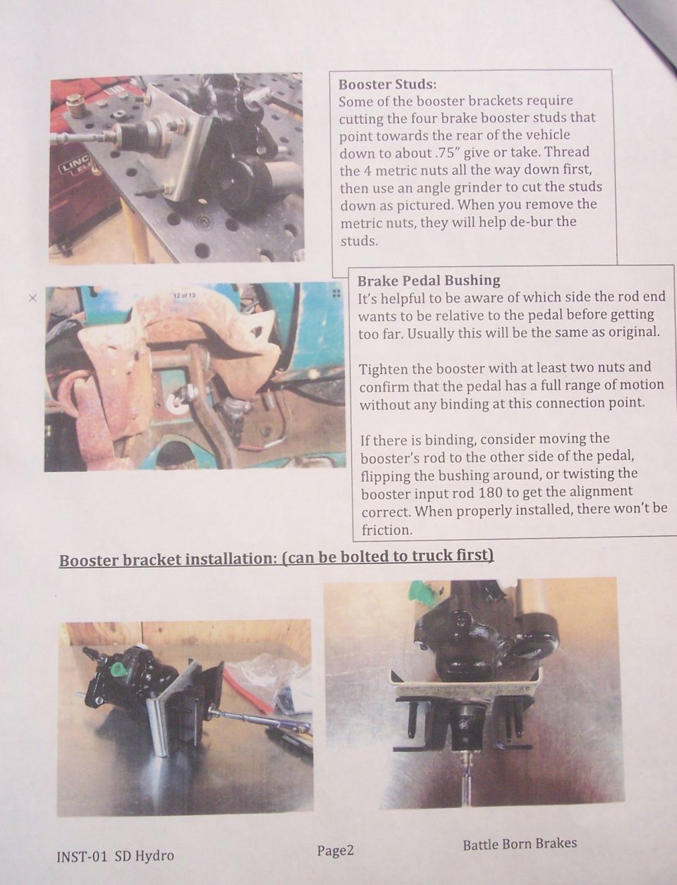 Hydroboost install instruction page on booster studs, pedal bushing and bracket mounting with photos
