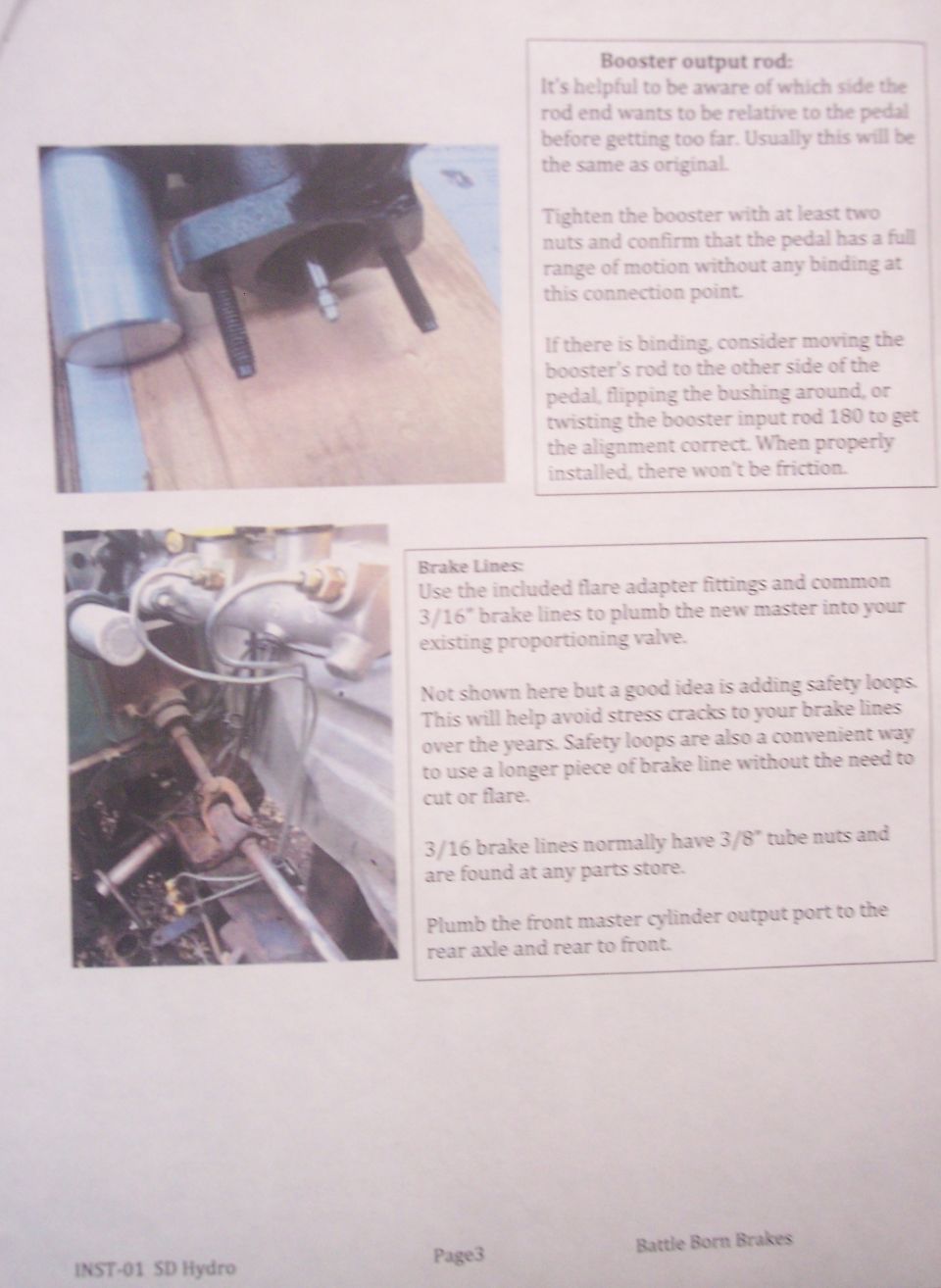 Hydroboost install instruction page on booster output rod and brake line plumbing with photos