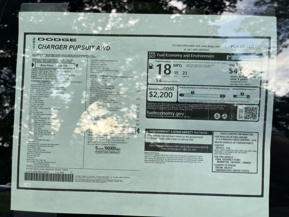 2017 Dodge Charger Pursuit AWD Monroney window sticker with pricing and EPA fuel economy