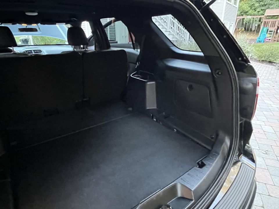 Black SUV cargo area interior, showing folded rear seats and a clean floor mat