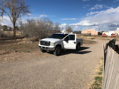 2005 Ford F-250 - White 2005 Ford F-250 Super Duty pickup truck with driver's door ajar.
