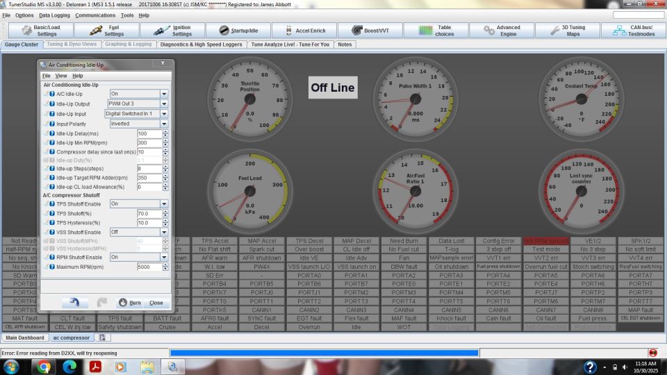 Screenshot of TunerStudio MS software showing engine gauges and configuration menus