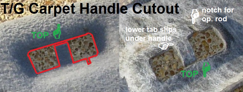 Tailgate Carpet Cutouts
IF THE IMAGE IS TOO SMALL, click it.

Most reproduction carpets are not cut for the handle, lack holes for the pushpins, and aren't even cut squarely along the edges.