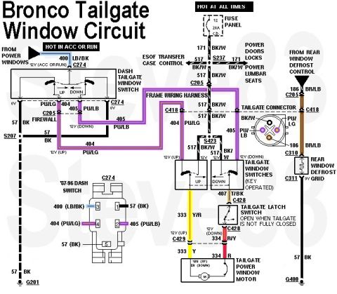 1983 Ford Bronco - Tailgate Window Circuits IF THE IMAGE IS TOO SMALL, click it. The dash switch shown is '87-96 style. '78-86 have only 1 black wire, which s…