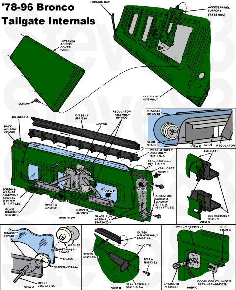 1983 Ford Bronco - Tailgate Window Mechanisms IF THE IMAGE IS TOO SMALL, click it. The outside weatherbelt that wipes the glass (w/o defrost E0TZ9842006B, w/d…