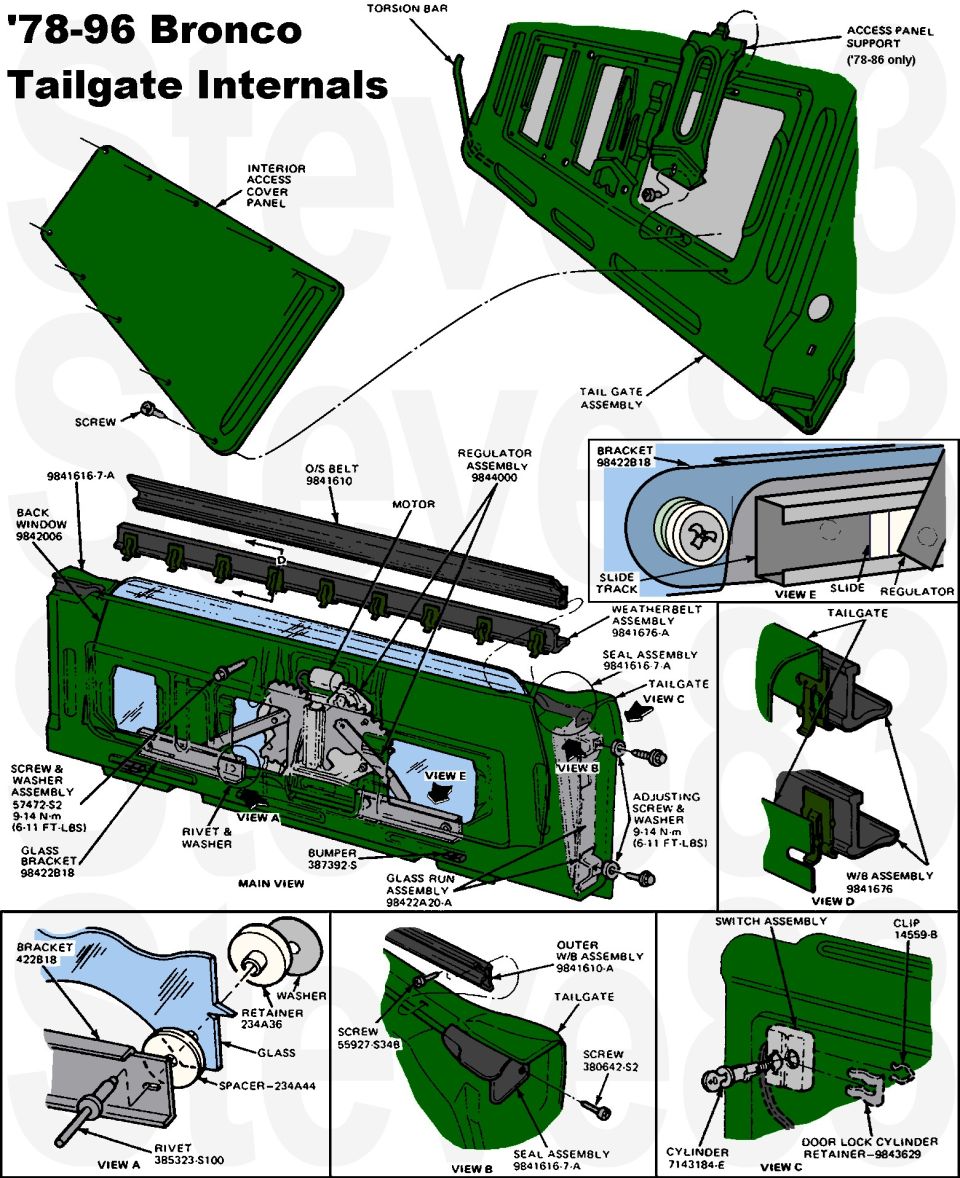 '78-96 Bronco tailgate internals exploded view with part numbers and detail views