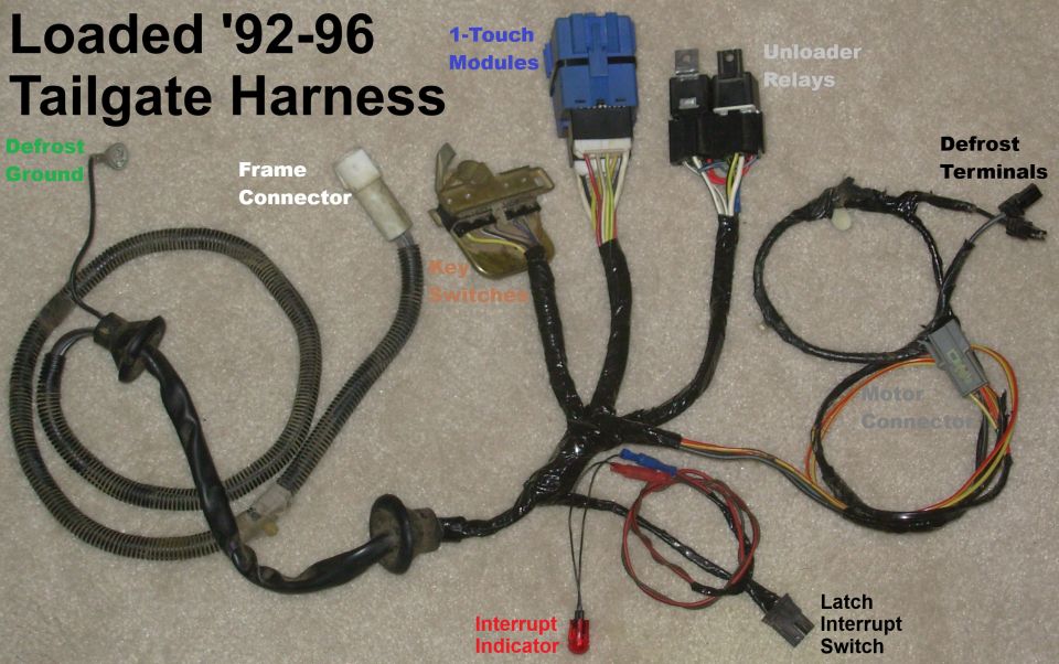 Loaded 1992-96 tailgate harness with frame connector, key switches, 1-touch modules, unloader relays, defrost terminals, and motor connector