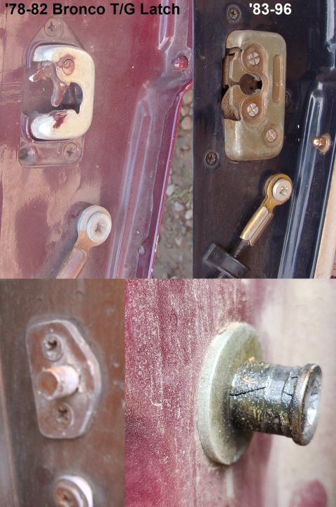 1983 Ford Bronco - Latch & Strike Comparison IF THE IMAGE IS TOO SMALL, click it. This is why '78-82 tailgate shells are not interchangeable with '83-96s.