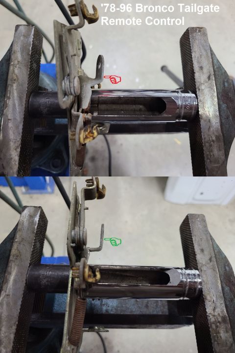 1983 Ford Bronco - Remote Repair IF THE IMAGE IS TOO SMALL, click it. After removing the removable springs, clamp the remote's center rivet between sockets in…