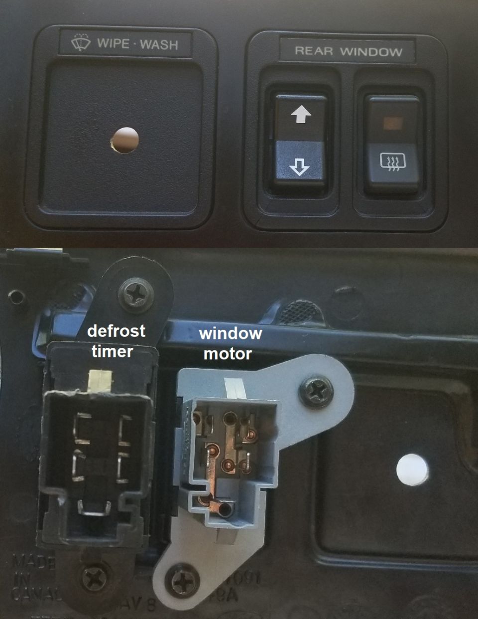 Vehicle interior panel showing WIPES-WASH and REAR WINDOW buttons, plus electrical connectors labeled 'defrost timer' and 'window motor'