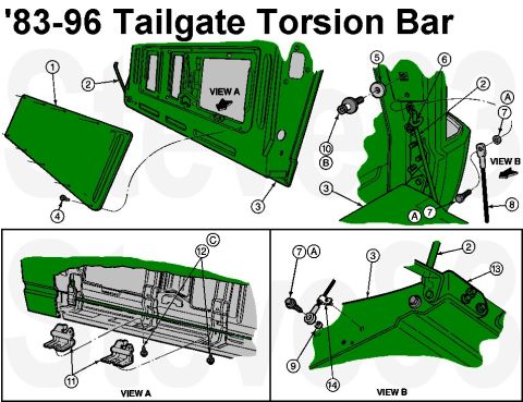 1983 Ford Bronco - Torsion Bar '83-96 IF THE IMAGE IS TOO SMALL, click it. 1 - Tailgate Panel Inside Cover 43221 2 - Luggage Compartment Door/Tailgate Hinge T…