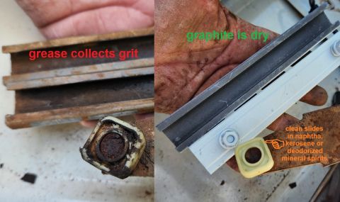 1983 Ford Bronco - Regulator Channels IF THE IMAGE IS TOO SMALL, click it. Grease collects grime, causing wear & binding. Either keep the channels & slides cl…