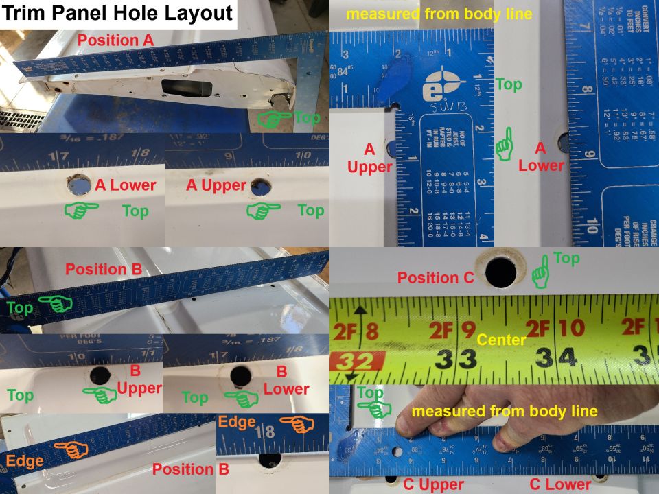 Trim panel hole layout photos for positions A, B and C with tape measure readings from the body line