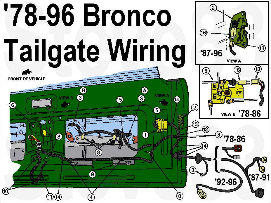 '78-96 Bronco tailgate wiring diagram with latch views and connector callouts