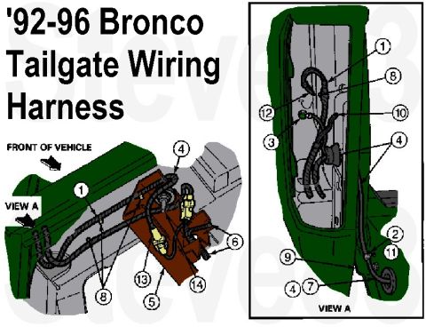 1983 Ford Bronco - '92-96 Bronco Tailgate Wire Harness Routing IF THE IMAGE IS TOO SMALL, click it. 1 - Wiring Assembly (Standard Production) 13A409 2 - Locat…