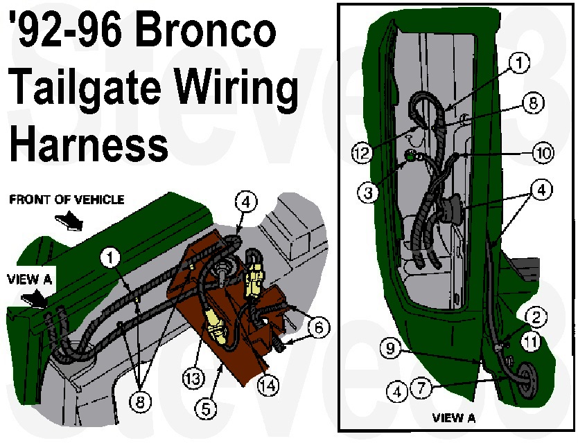 '92-96 Bronco tailgate wiring harness routing with numbered component callouts