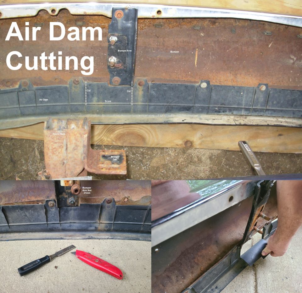 Rusty bumper with air dam being cut, tools shown