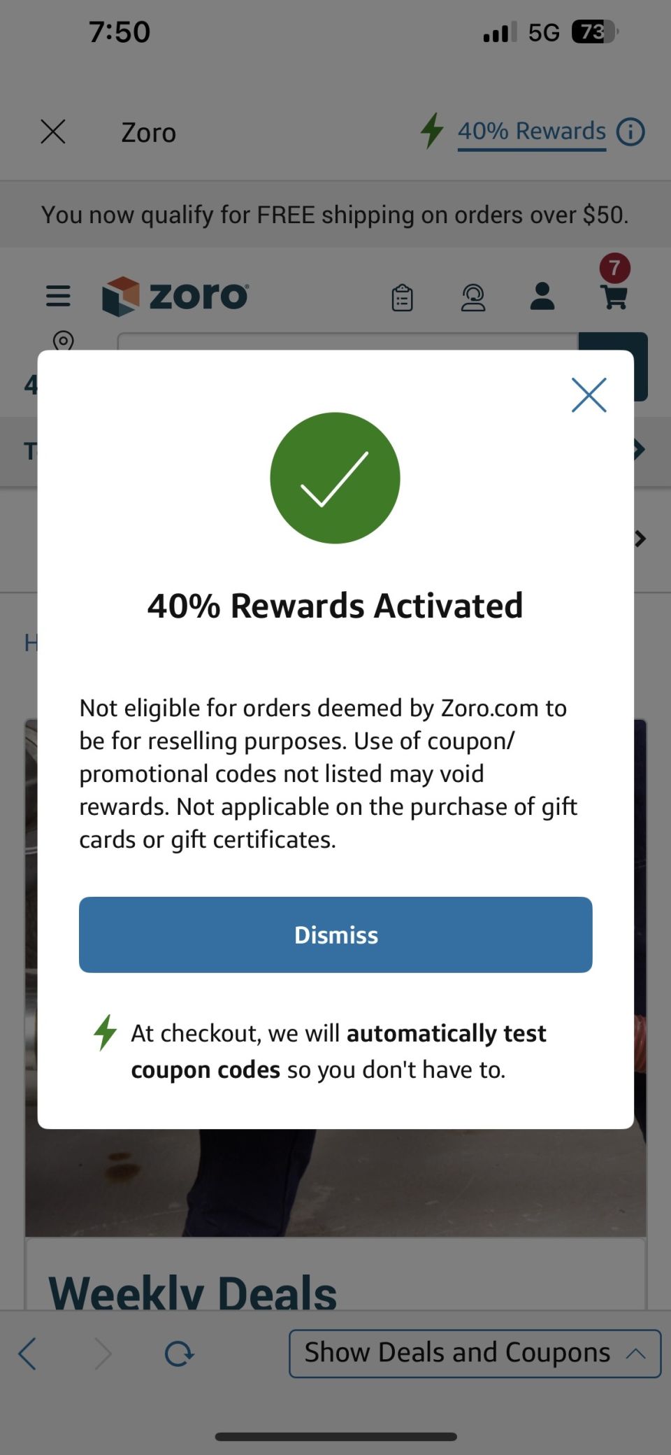Zoro app shows 40% rewards activated notification with terms and dismiss button