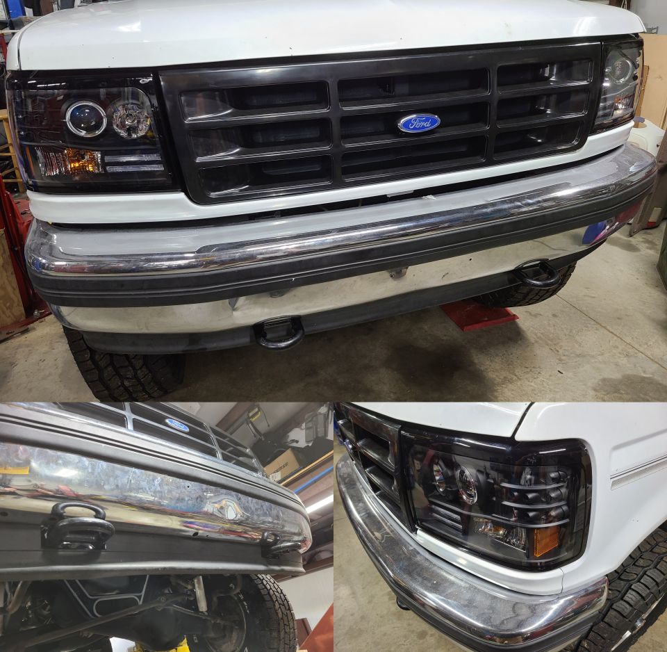 Front end of a white 1990s Ford truck with blue oval grille badge and black headlight trim, collage